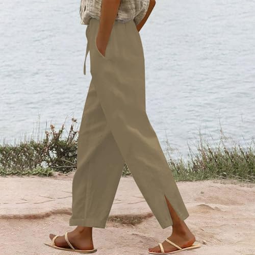 Linen Pants Women High Waisted Elastic Drawstring Beach Vacation Pants Casual Loose Lightweight Wide Leg Trousers with Pockets Workout Capris2