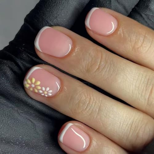 24 uñas postizas cuadradas cortas a presión, adhesivos artificiales en diseños, puntas francesas, pegamento acrílico para mujeres, transparente