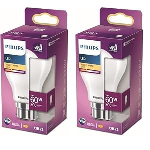 PHILIPS LED Premium Classic Frosted A-Shape A60 Light Bulb [B22 Bayonet Cap] 7W – 60W Equivalent, Warm White (2700K) (Pack of 2)