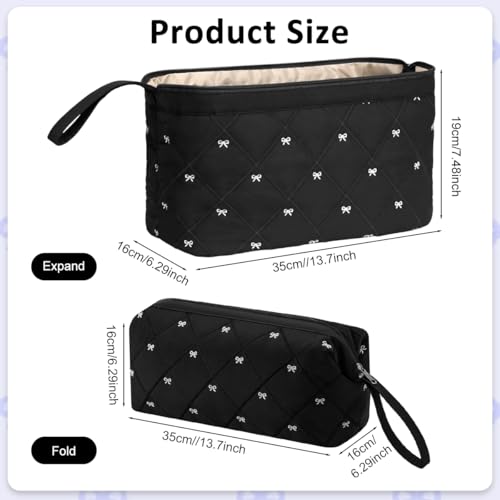 Image of MAYCREATE Hair Dryer Storage Bag Hair Styling Tool Travel Organizer Bags Zipper Storage Bag Sweet Bow Quilted Cotton Organizer Bags, 35x20x15cm, Black