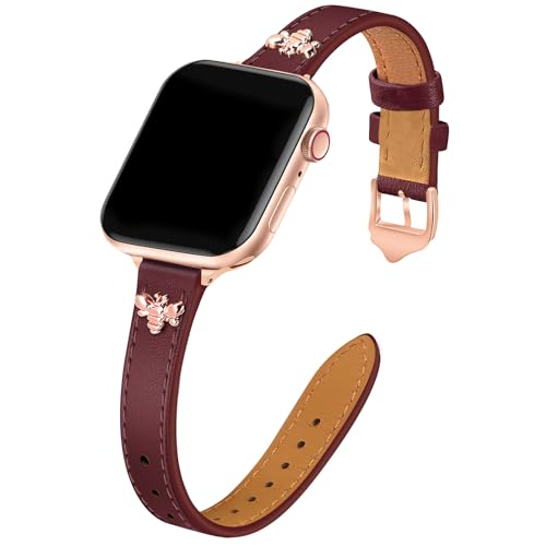 Image of JR.DM Slim Leather Bands Compatible with Apple Watch Band 38mm 40mm 41mm 42mm 44mm 45mm 46mm 49mm, Genuine Leather Band with Charms, Feminine Design for Iwatch Ultra SE Series 11 10 9 8 7 6 5 4 3 2 1