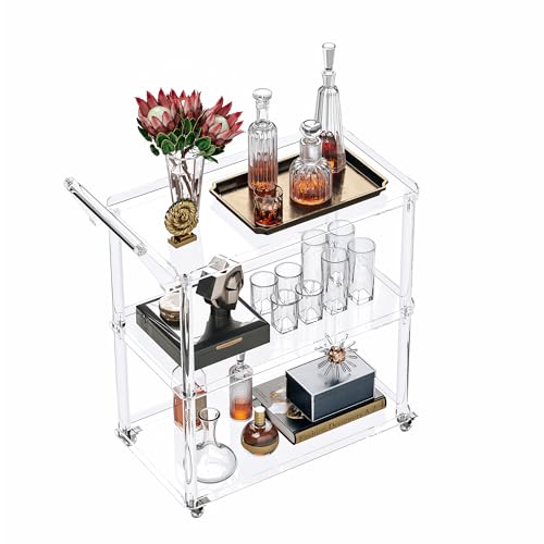Dethan Acrylic Bar Cart with Lockable Wheels Rolling Serving Cart with Pulling Handle 3-Tier Clear for Home Bar Kitchen Living Room Portable Beverage Space-Saving Modern Acrylic Trolley
