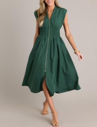 Image of FANCYINN Summer Casual Womens Maxi Dress Sleeveless V Neck Waist Aline Front Zipper High Slit Flowy Long Dress Pockets