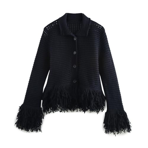 Minimalist Women's Hollow Knitted Jacket French Retro Single Breasted Tassel Black Sweaters Women Tops Knitwear