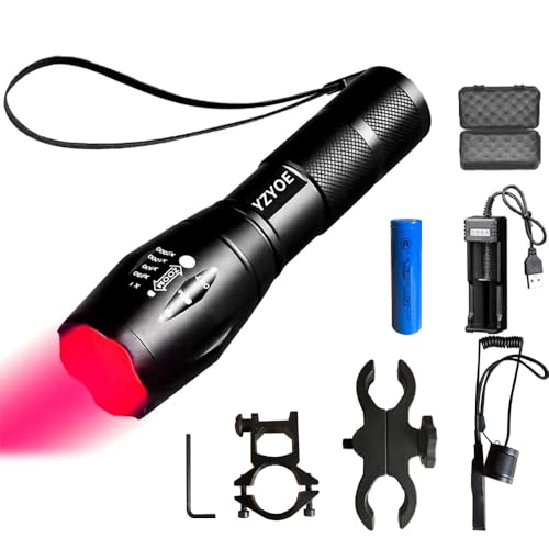 YZYOE Linterna táctica de luz roja recargable, linterna de caza Roja 500 yardas zoom, Lámpara depredador cerdos con kit montaje pista Picatinny universal con interruptor presión.