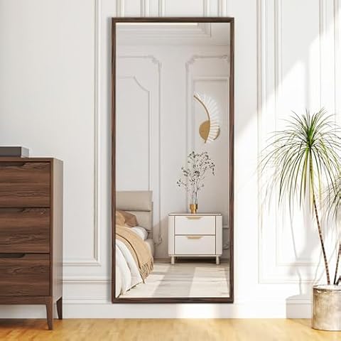 Niccy 65"x22" Full Length Mirror with Wooden Frame, Large Floor Body Mirror Standing Hanging Leaning Against Wall Wall-Mounted Mirror for Bedroom Living Room Dressing Room, Walnut Wood Cover