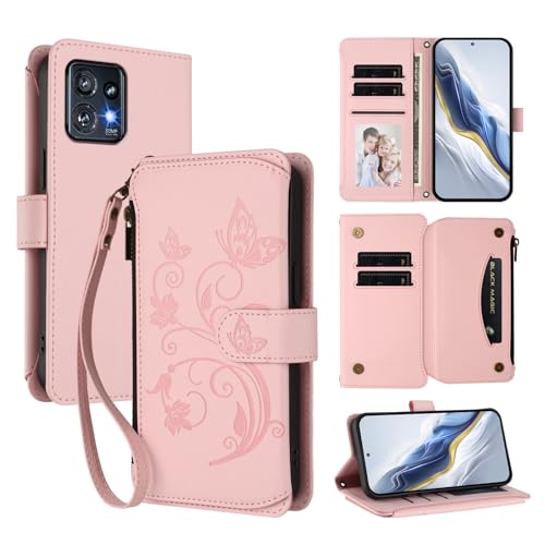 Cover Compatibile con Motorola G32 4G con Moto G32 4G Cordinoã€5 Portacarteã€ã€Portafoglio a cernieraã€ã€Chiusura magnetica〠Stand Flip Custodia Pink