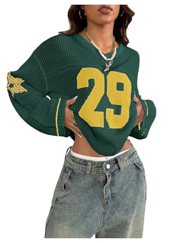 Verdusa Women's Y2k Clothes Going Out Tops Oversized Crochet Jersey Shirts Graphic V Neck Pullover Sweater Dark Green Large