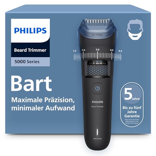 Philips Bartschneider 5000er-Serie – selbstschärfende Metallklingen, 40 Längeneinstellungen, BeardSense-Technologie, Haarkollektor, 100% wasserdicht, Übergangskamm, Reiseetui, Modell BT5785/30