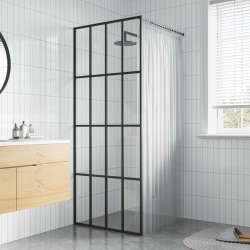 Mampara de ducha Walk-in moderna, 35.4"x76.8" cristal templado transparente de 0.2" de grosor, marco de aluminio reforzado, perfil ajustable, juego de 4 piezas con decoración