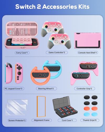 Image of Switch 2 Case Pink and Pro Style Controllers Accessories Girly, Bundle for Nintendo Switch 2 Console,FYOUNG 23 IN 1 Kit:Carrying Case,Protective Shell,Grip for Joycon,Steering Wheel