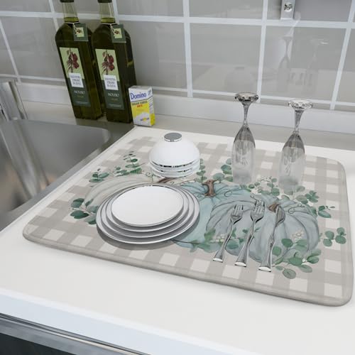 Aportt Fall Drying Mats For Kitchen Counter 18×24 Inch Large Microfiber Drying Mat Blue White Pumpkin Thanksgiving Harvest Festival Kitchen Decor Accessories Dish Rack Mat Drainer Pad Washable Absorbent thumb #5
