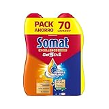 Somat Excellence Duo Gel Frescor Anti-Olor (2x70 lavados), detergente lavavajillas Todo en 1, gel para vajilla apto para ciclos eco y cortos, gel lavavajillas con vinagre