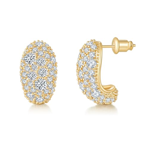 MINDDHA Teardrop Hoop Earrings for Women, 14K Gold Plated Pave Sparkly Hoops, 925 Sterling Silver Post, Cubic Zirconia Dome Huggie, Elegant Jewelry for Brides, Wedding, Fashion Gifts