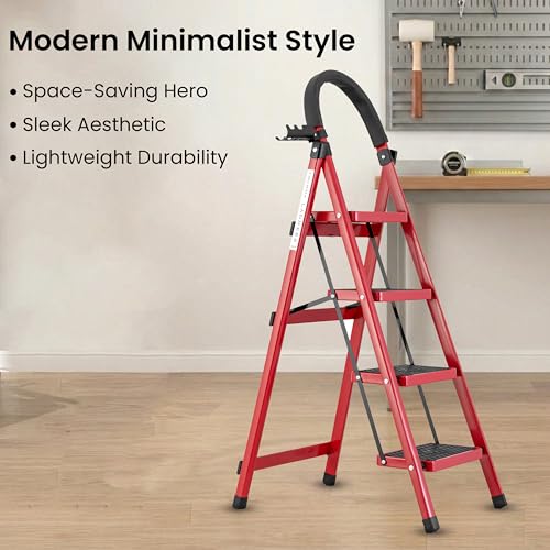 Image of Red 4 Step Ladder for Home Use with Built-in Tool Tray | Heavy Duty D Shape Rods | Ultra Large Platform | Wide Rubber Feet | 150Kg Capacity Foldable Ladder - 7 Years Warranty