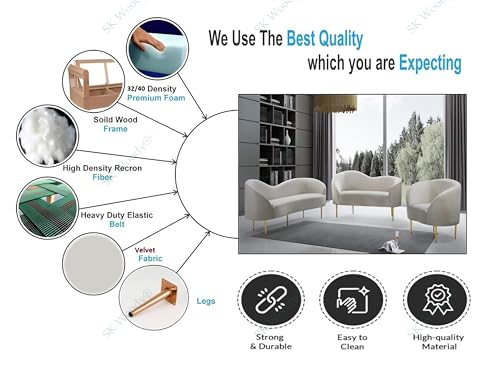 Image of Rosewood Luxury Curved Sofa in Premium Velvet-Fabric | Solid Wood Structure | High Density Foam | Sturdy Golden Legs | Comfortable & Stylish Couch for Modern Living Room (Cream, 2 Seater)
