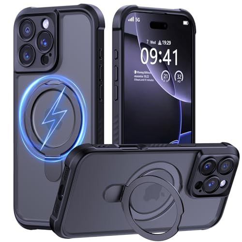 MOCCA Design for iPhone 16 Pro Case with Magnetic Invisible Stand [Full Camera Protection] [Compatible with Magsafe] Military Drop Shockproof Translucent Matte Phone Case Cover 6.3',Black