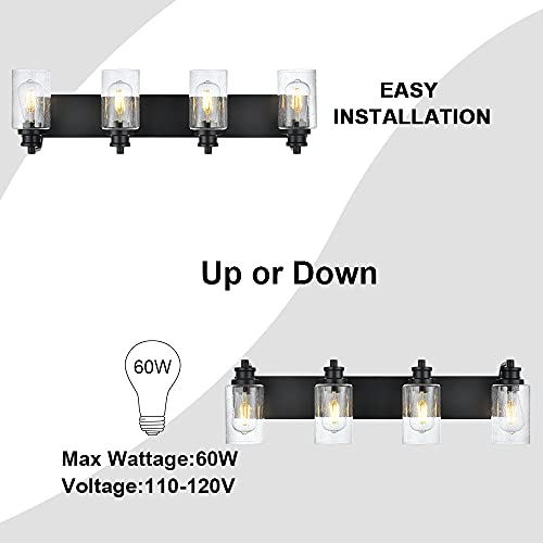 Image of 4-Light Bathroom Vanity Light Fixtures, 28 inch Black Wall Sconce with Seedy Glass Shades, Modern Bathroom Lighting for Mirror, Hallway, Bedroom, Living Room