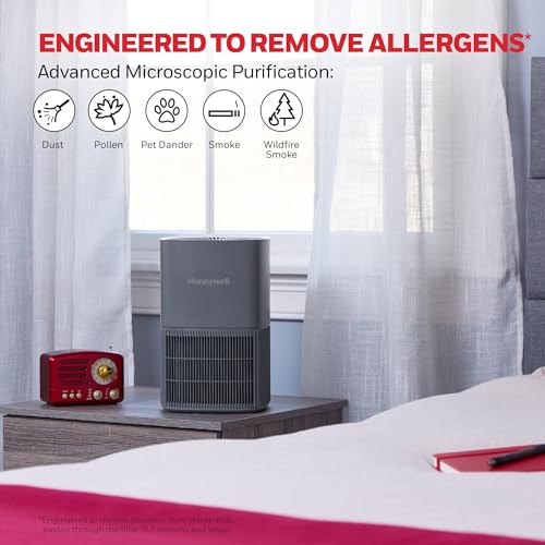 Image of Honeywell Allergen Plus Compact Small Room HEPA Air Purifiers for Home, Up to 530 Ft Coverage, 3-in-1 Filter, Pet Dander, Smoke & Odor Reducer Air Quality Sensor with Auto Mode, Grey, HPA125V