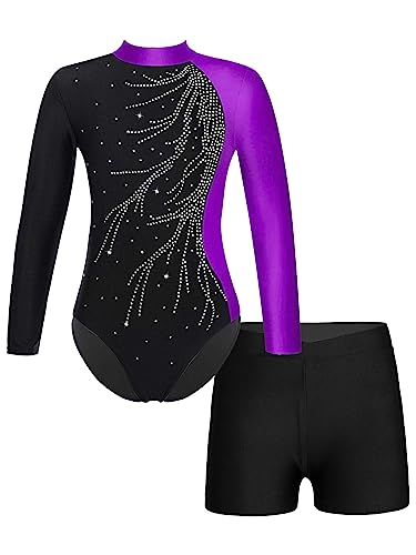 Kids Girls Shiny Ballet Dance Outfits Gymnastic Leotard with Metallic Shorts Sports Tracksuit Unitards Dancewear