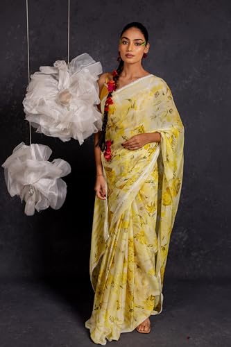 Image of MIRCHI FASHION Saree for Woman Georgette Floral and Leaf Printed | Elegant Farewell and Ceremonial Women's Sari with Blouse Piece