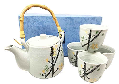Ebros Japanese Design Yellow Cherry Blossom Sakura Blossoms Ceramic Tea Pot and Cups