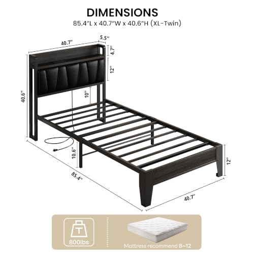 Image of LIKIMIO Twin XL Bed Frames, PU Leather Storage Headboard with Charging Station, Solid and Stable, Noise Free, No Box Spring Needed, Easy Assembly, Black