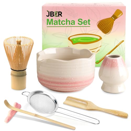 JBER Matcha Kit 7 Pièces, Matcha Set - Fouet en Bambou pour Matcha, Bol à Matcha à Buse, Support pour Fouet, Cuiller et Support, Cadeau pour Cérémonie du Matcha - Dégradé Rose