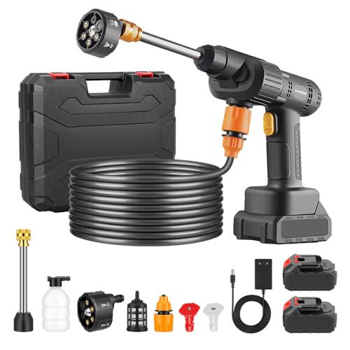 Nettoyeur Haute Pression sans Fil, 600 PSI 21V, Nettoyeur Haute Pression sur Batterie avec 2 Batteries Rechargeables, Buse 6-en-1 et Buses Jet pour Nettoyage Voiture Sol Mur Clôture