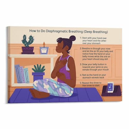 Diaphragmatic Breathing Guide Poster Stress Relief (4) Canvas for Living Room Bedroom Decor 12x08inch(30x20cm) Frame-style