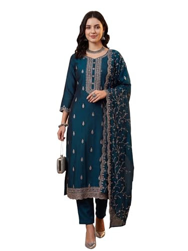 Image of INDO ERA Women's Silk Blend Embroidered Zari Work Kurta & Pant with Dupatta Set