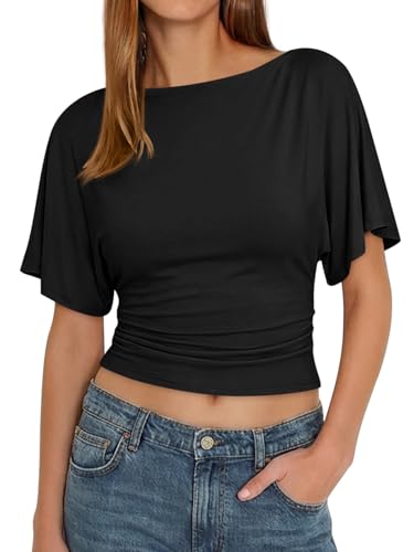 Cicy Bell Womens Summer Wrap Tops Casual Short Sleeve Tie Back T Shirts Trendy Boat Neck Blouse Black