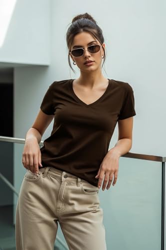Image of JUNEBERRY Cotton Lycra Regular Fit V- Neck Solid Core Half Sleeves T-Shirt for Women & Girls (Colors Available: Black, Green, Magenta, Blue, Orange & Limeade)