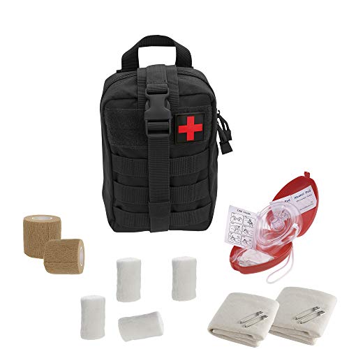 Tactical First Aid Cpr Rescue Kit, W/ Adult/Child Pocket Resuscitator Mask, Cohesive Bandages, Gloves, Gauze, Triangular Bandage, Alcohol Pads, Hard Case + Ifak Molle Pouch (2) #TOP1