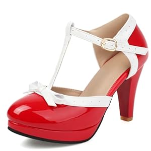 ForeMode Bow Mary Jane Shoes High Heels Closed Round Toe Pumps Leather Summer Sweet Shoe
