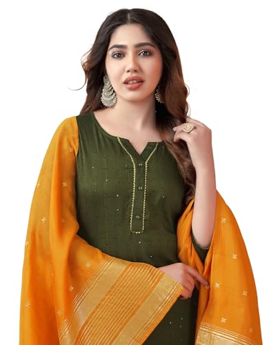 Image of SKYLEE Women's Printed & Gota Lace Cotton Silk Anarkali Kurta Set with Dupatta