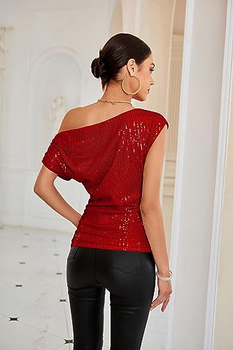 Image of GRACE KARIN One Shoulder Sequin Sparkly Tops for Women Ruched Asymmetrical Glitter Tops Slimming Sparkle Party Shirts