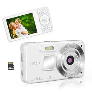 4K Digital Camera, 64MP Auto Focus Vlogging Camera with 64GB SD Card, 18X Digital Zoom Compact Camera for Photography, Point and Shoot Video Camera for Teens Boys Girls, White