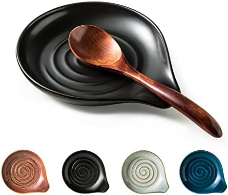 Porcelain Spoon Rest, Drip Tray for Multiple Utensils, Cooking&Large Spoon Holder for Stove Top, Modern Farmhouse Kitchen Decor Utensil Holder for Spoons, Ladles, Tongs&Spatula, Black