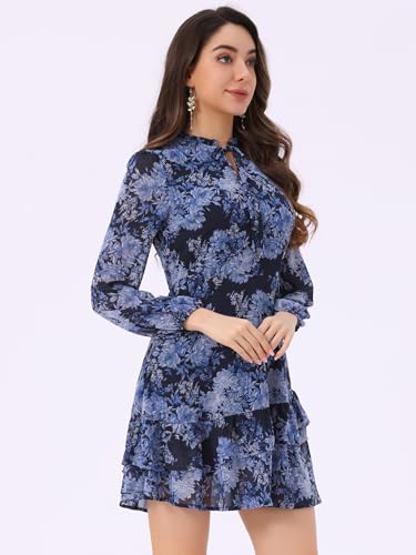 Image of Allegra K Women's Spring Dresses 2026 Tie V Neck Semi Sheer Long Sleeve Layered Tiered Chiffon Mini Floral Dress