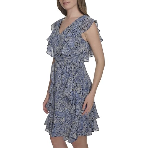 Image of Tommy Hilfiger Women's Sleeveless V-Neck Ruffle Trim Tie Waist Chiffon Mini Dress