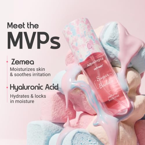 Image of Aqualogica Refresh+ Perfume Body Mist - Sugar Baddie Delicious Marshmallow Gourmand Fragrance | Lasts Up To 8 Hours | Skin-friendly & Non-Irritating | Double Duty Mist for Hair & Body | For Men & Women | 150 ml