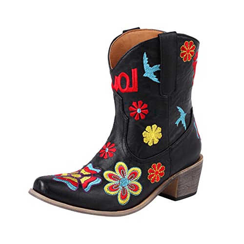 208 Sandales Habillées pour Femmes avec Talon Femmes Bottines Bout Pointu Vintage Fleur brodé Femmes Bottes fête Danse Courtes Bottes occidentales Botte Hiver Haute (Black #1, 42) Cover