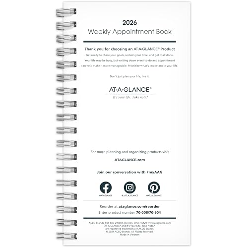 AT-A-GLANCE 2026 Weekly Appointment Book Planner Refill for 70-008, 3-1/4