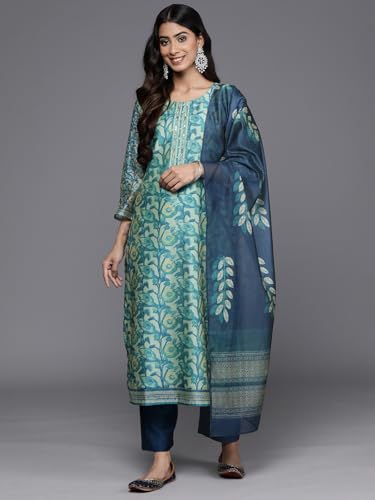 Image of Varanga Women Floral Printed Kurta Pant Set with Dupatta | Silk Blend Fabric | Summer Wear | 3 /4 Sleeve Round Neck | Lightweight & Comfortable Daily Wear