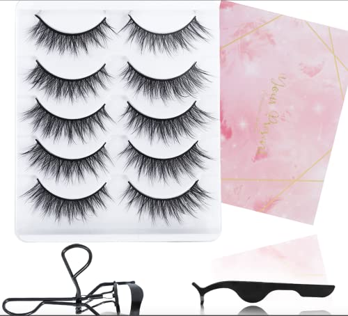 BLSWANER 5 Pairs False Eyelashes Natural Look Fake Eyelashes, 1 Eyelash Curler,1 Eyelashes Applicator Tool and 1 Eyelash Brush Fake Eyelash Starter Sets