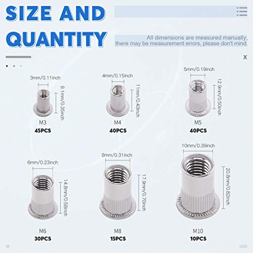 Glarks GLABXG-180 180Pcs 304 Stainless Steel Flat Head Threaded Rivetnut Insert Nutsert Rivet Nut Assortment Kit thumb #1