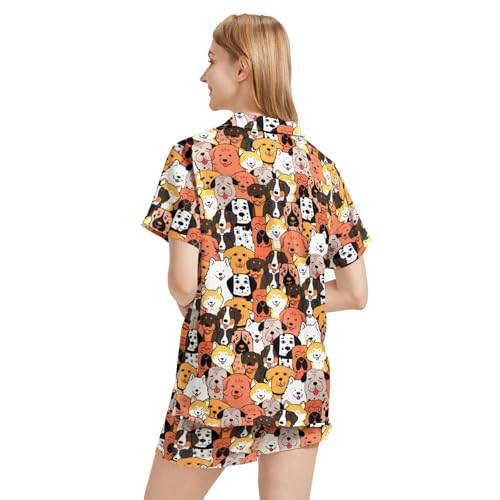 Image of Funny Satin Pajamas Set for Women Button Down Sleepwear Print Pjs Set 2 Piece Short Sleeve Loungewear Gift for Women