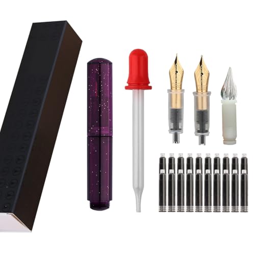SIPLIV Majohn Wancai - Mini penna stilografica tascabile da viaggio, pennino fine in iridio, con 3 pennini, contagocce corto e 20 cartucce di inchiostro nero, viola stellato