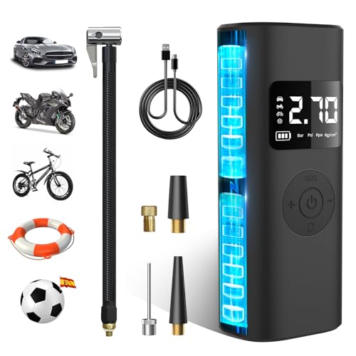 Hexinex 7800mAh Compresor Aire Portatil 150PSI &Power Bank, Inflador Ruedas Coche con Pantalla LCD Digital y Linterna LED SOS, Bomba de Aire Bicicletas, Scooters, Moto, Coche, Pelotas